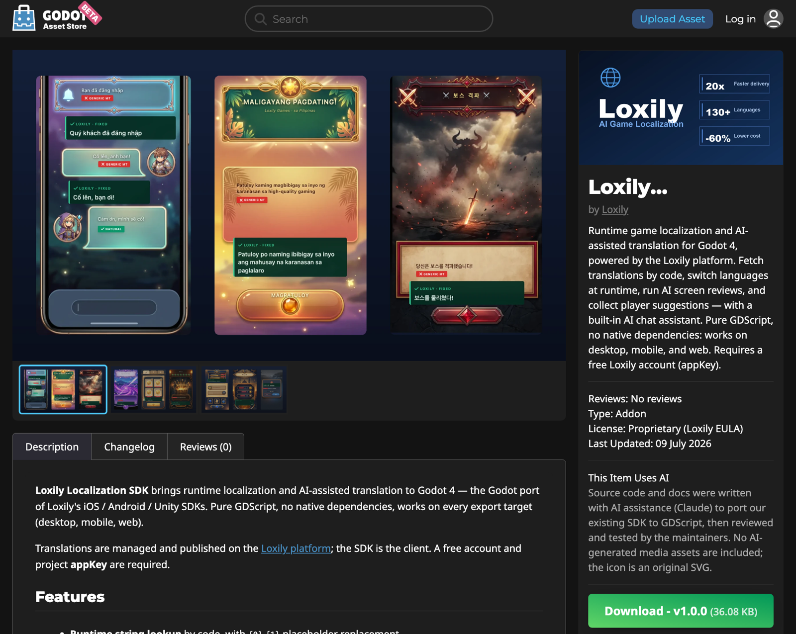 Godot Asset Store — Loxily Localization SDK 商品页,右下角 Download